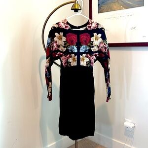 Red and Pink Long Sleeve Sheath Midi Special Occasion Silk and Velvet dress.